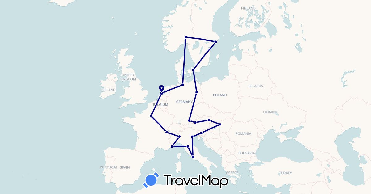 TravelMap itinerary: driving in Austria, Switzerland, Germany, Denmark, France, Hungary, Italy, Monaco, Netherlands, Norway, Sweden, Slovenia (Europe)